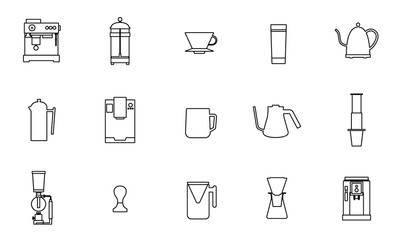Coffee equipment vector flat line icon collection