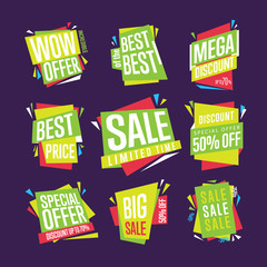 Sale isolated banners set. Best price badge. Big sale, best of the best, special offer tag. Advertisement symbol. Collection of sale labels. Vector illustration of flat design style.