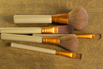 Makeup brushes over a wood background