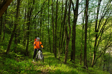 Cyclist Riding the Bike on a Trail in Summer Forest