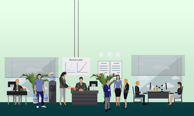 Flat design of business people or workers. Office interior. Presentations and meetings