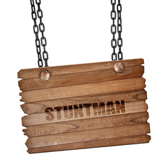 stuntman, 3D rendering, wooden board on a grunge chain