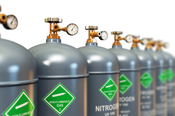 Row of liquefied nitrogen industrial gas containers - obrazy, fototapety, plakaty