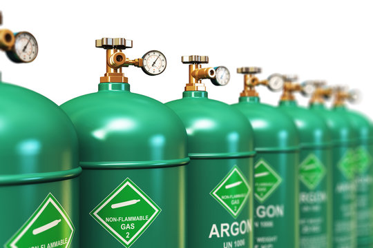 Row of liquefied argon industrial gas containers