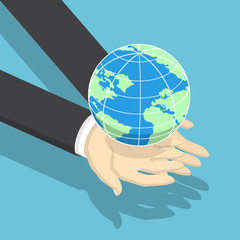 Isometric businessman holding earth globe on his hands