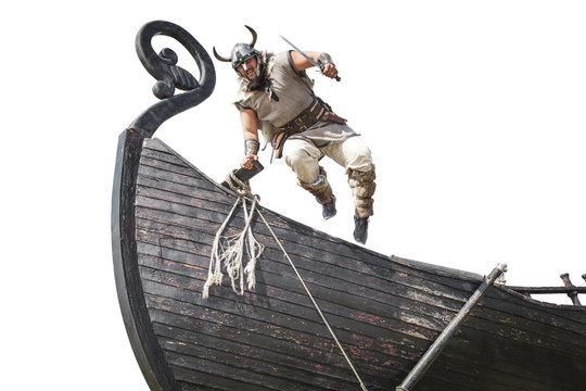 Strong Angry Bearded Viking With Knife Jumping