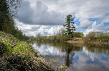 Fototapeta na wymiar Calm river in cloudy spring day