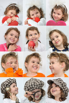 Collage of twelve photos of a smiling young girl