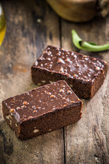 Cake chocolate brownies on wood background
