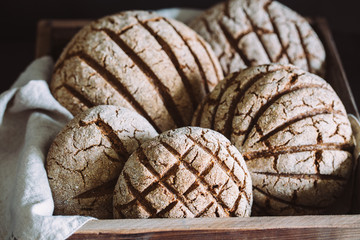 Traditional black rye-bread on vintage box