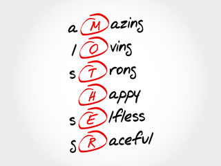 Fototapeta premium MOTHER - Amazing Loving Strong Happy Selfless Graceful, acronym concept