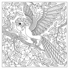 Exotic bird,fantastic flowers,branches, leaves