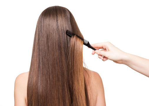 Girl Long Smooth Hair Brush, Closeup Isolated On White Background