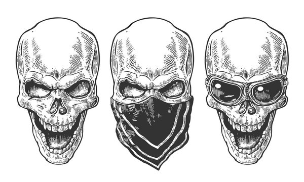 Skull smiling with bandana and glasses for motorcycle
