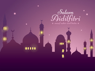 Ramadan background with silhouette mosque. Salam Aidilfitri means celebration day. Maaf zahir dan batin means please forgive (me) outwardly and internally.