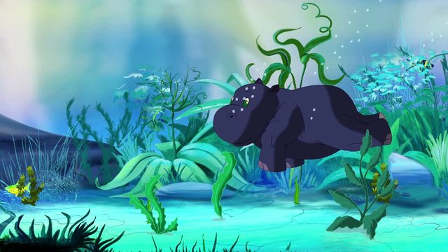Little Hippo dives and eats underwater-algae.  Handmade Animation in UHD.