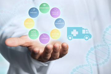 Doctor hand and medicine icons. Medical technology concept