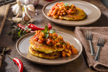 Bake beans with fluffly potato cakes