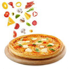 Fried pizza with falling ingredients isolated on white