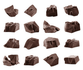 Collection of chocolate pieces isolated on white