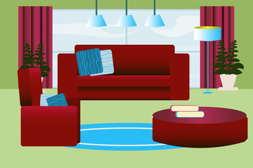 Living room interior vector illustration. Sofa , armchair , coffee table and a few books