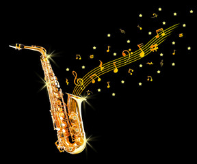 Fototapeta na wymiar Golden saxophone and notes on black background
