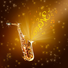 Fototapeta na wymiar Golden saxophone and notes against shiny background