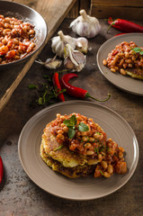 Bake beans with fluffly potato cakes