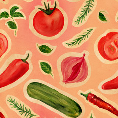 Seamless background pattern with watercolor vegetable cutouts on aged paper
