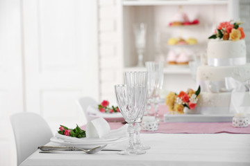 Beautiful served table for wedding or other celebration in restaurant