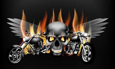 fiery motorcycles  on the background of a skull with wings