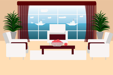 Living room with views of the sea, vector illustration. Living room interior in flat style