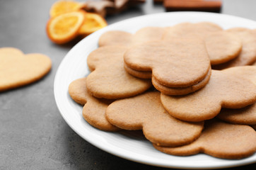 Heart shaped biscuits on plate, closeup