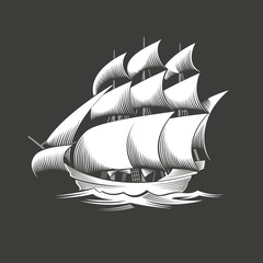 Sailing ship. Old vessel. White silhouette on black background.