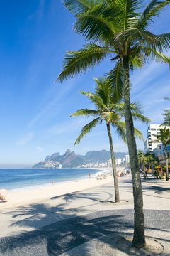 Scenic view of Ipanema Beach from the palm shadows boardwalk at Arpoador in Rio de Janeiro, Brazil