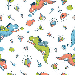 vector seamless pattern with dragon, diamond, flowers.
