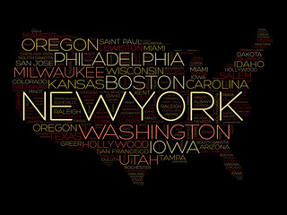 USA Map word cloud with most important cities