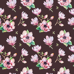 Watercolor seamless wallpaper with  magnolia flowers, leaves.