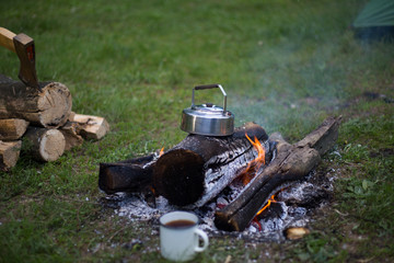 Camping in the woods on the banks of the river.