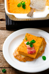 Pumpkin paste with bacon on rye bread