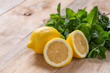 mint, lemon, fresh, background, wood, food, lime