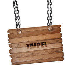 taipei, 3D rendering, wooden board on a grunge chain