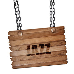 jazz music, 3D rendering, wooden board on a grunge chain