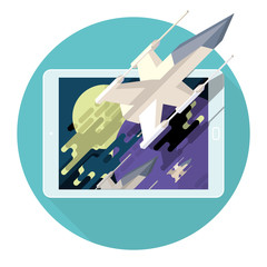 Augmented reality in game for the mobile device. Spaceship in star space. Action, battle