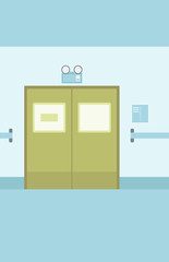 Background of hospital corridor with closed doors.