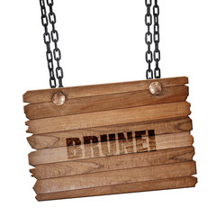 Brunei, 3D rendering, wooden board on a grunge chain