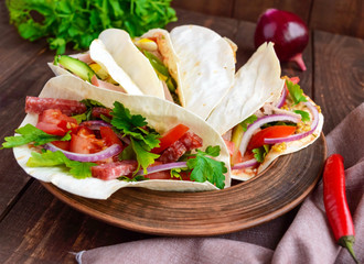 East pita bread with various fillings (meat, salami, egg, cucumber, parsley, tomato, chili pepper, Dijon mustard). Taco.