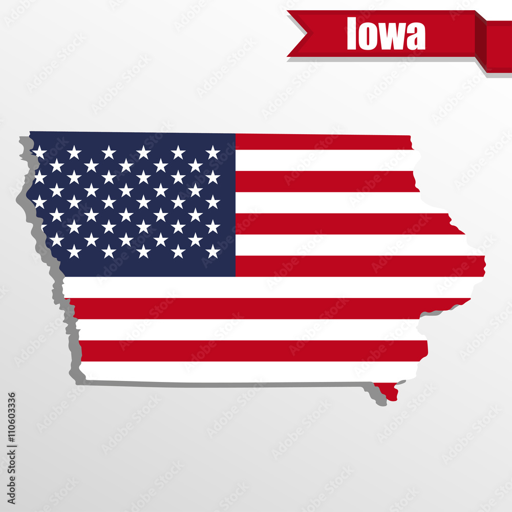 Poster iowa state map with us flag inside and ribbon