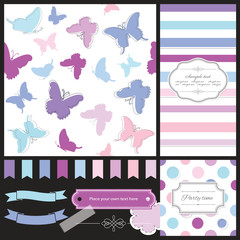 Frames, seamless patterns, ribbons, templates. Scrapbook design elements set for birthday, baby shower.