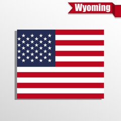 Wyoming State map with US flag inside and ribbon